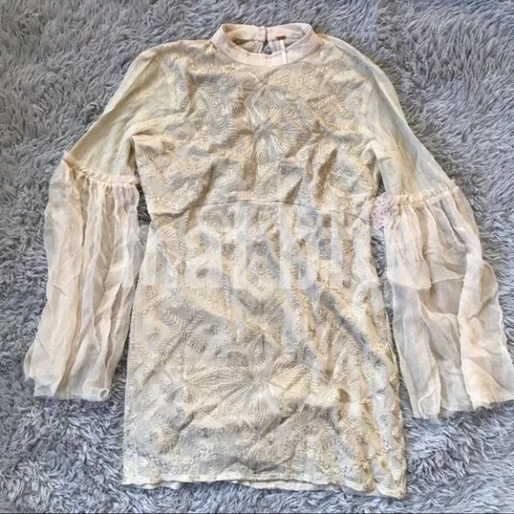 Free People Cleo Embroidered Bell Sleeve High Neck Mini Dress - Picture 2 of 7